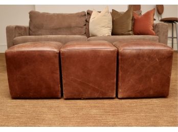 Set Of 3 Top Stitch Distressed Leather Cubic Shaped Ottomans On Wheels