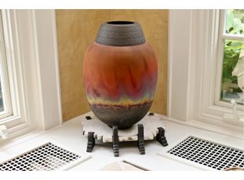 Santa Fe Rust & Black Colored Fire Effect Designed Clay Pottery With Ceremonial Zigzagged Stand