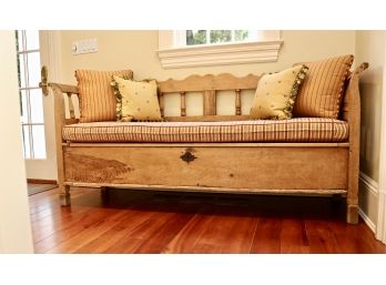Distressed Antique French County Pine Bench With Custom Cushion And Pillow