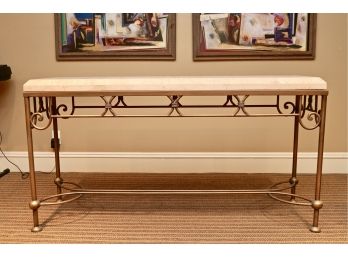 Travertine Beveled Console Table With Muted Antique Brass Base