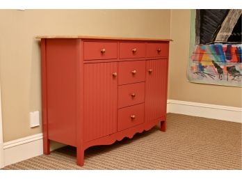 Persimmon Red Sideboard Muti-use 2 Drawer Cabinet With Blonde Wood Beveled Edge Top