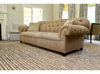Custom Extra Large Tobacco And Cream Chenille Basketweave Tufted Chesterfield Sofa With Decorative Pillows 2 Of 2