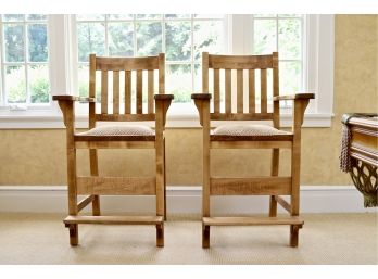 A Set Of  2 Large Blonde Wood Stools With Chenille Padded Seat Armrest And Footstool