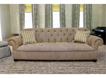 Custom Extra Large Tobacco And Cream Chenille Basketweave Tufted Chesterfield Sofa With Decorative Pillows  1 Of 2