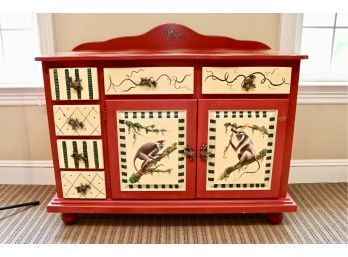 Red Buttercream And Green  Painted 2 Door Cabinet With Whimsical Chimp Motifs