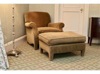Fully Upholstered Taupe With Grey Piping Reading Chair  With Ottoman