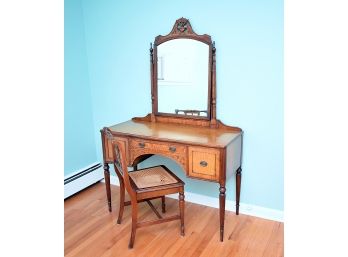 Antique Berkley & Gay  Vanity Dressing Table With Mirror And Caned Seat Chair