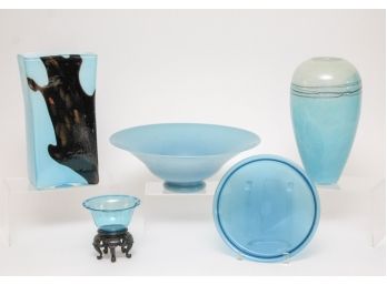 Collection Of Tiffany Blue Hand Blown Opalescent Bowl, Vases And More