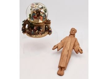 Hand Made Carved Wood Figurine Of Jesus + Nativity Snow Globe