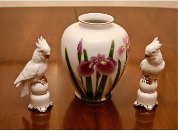 Marked Porcelain Vase And 2 Dresden Porcelain Parakeets