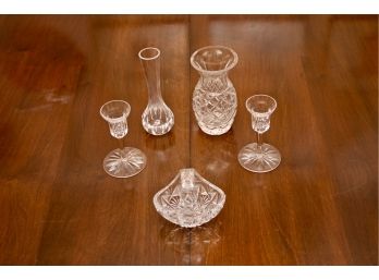 Set Of 5 Waterford Cut Glass Crystal - 2 Vases, 2 Candlesticks And 1 Small Candy Dish