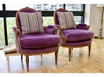 Set Of 2 Antique Whimsically Upholstered Velvet And Striped French Louis XVI Bergére With Matching Striped Pillows