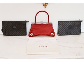 Set Of 3 Handbags:  Escada Red Satin Evening Bag With Handle With 2 Tied Iridescent Crystals And 2 Fendi Style Makeup Bags