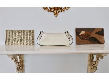 Set Of 3 Hand Bags - Off-White Gucci Style Baguette, Chico Beaded Clutch, Patched Leather Envelope