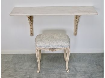 Vintage French Provincial Inspired Vanity Set With Marble Top Wall Mounted And Carved Wood Upholstered Bench