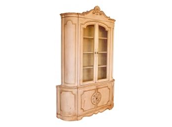 Antique Distressed Provincial Style China Cabinet With Trompe L'oeil Panels And Chicken Wire Mesh Doors