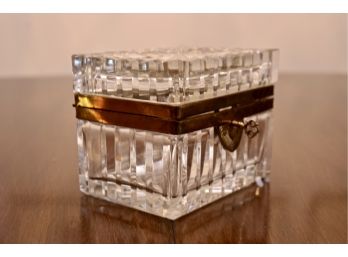 Vintage Glass Cut Brass Trim Trinket Box With Key