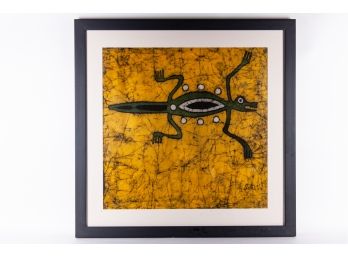 Signed Lizard Painted Tapestry Art In Gold