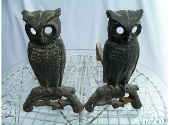 Pair Antique Cast Iron Owl Andirons - Great Looking Pair !