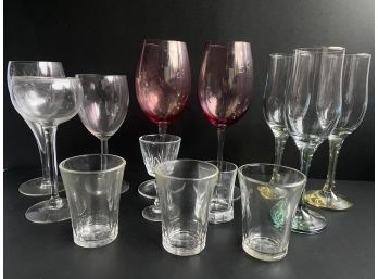 13 Assorted Glasses, 3 Unstemmed Wine Glasses From Vetrivia, Italy