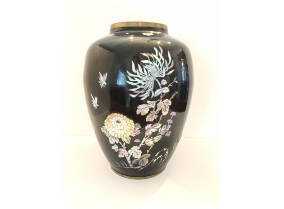 Black Metal Vase With Abalone Accents And Gold Trim