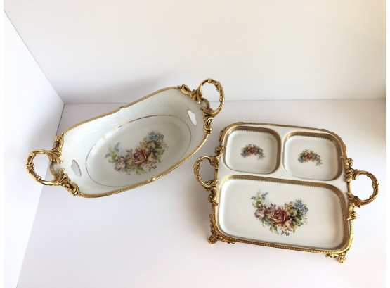 Maghsoud Porcelain Gilt Footed Serving Pieces