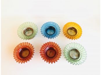 Six Colorful Blown-Glass Fluted Votive Holders