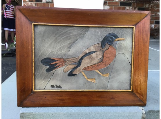 Unique Signed Leather Collage Of Bird Nicely Framed