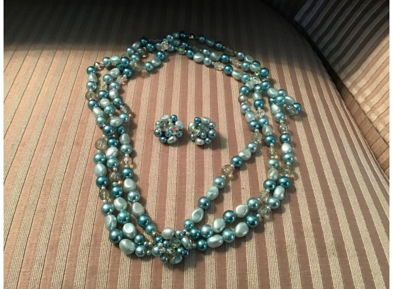 Vintage Triple Strand Necklace And Earrings In Blue