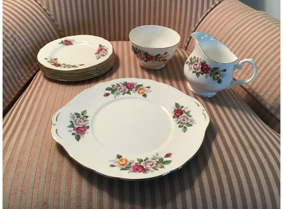 Duchess Bone China Dessert Set -“Victoria” Pattern Including Plates, Serving, And Sugar And Creamer