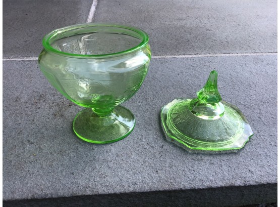 Depression Glass Covered Candy Dish In Green