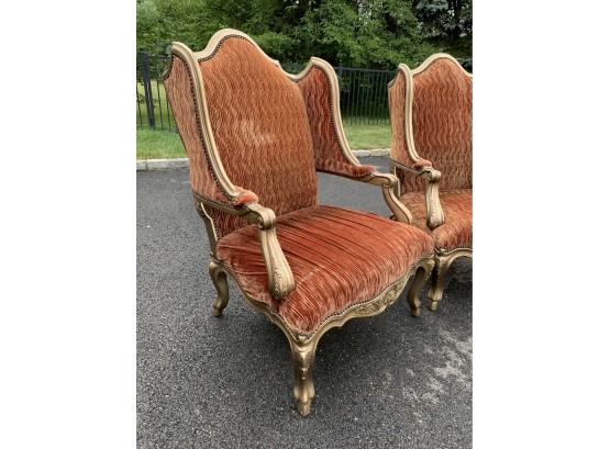 Ornate Pair Of Custom Upholstered Victorian Inspired Wingback Armchairs