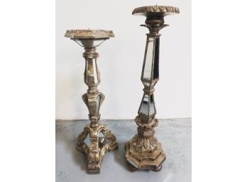 Pair Of Mirrored Gold Finish Pillar Candle Holders