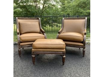 Oversized Pair Of Leather Barrel Back Armchairs And Ottoman