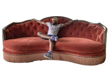 MARGE CARSON Oversized Velvet Upholstered Kidney Shaped Sofa With Wood Trim