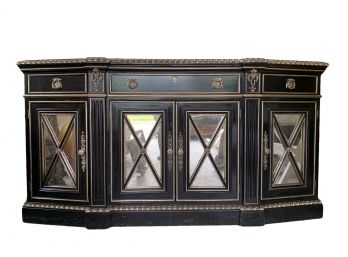 MARGE CARSON Buffet With Marble Top Inserts, Gold Leaf Accents And Antiqued Mirrored Doors