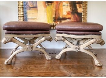 Pair Of MARGE CARSON Upholstered Leather Stools With Carved Wooden Base