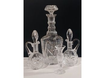 Collection Of 4 American Brilliant Period Cut Glass Decanter, Cruets Pair & Bud Vase