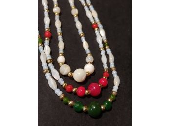 3 Strands Of Vintage Mother Of Pearl Beaded Necklaces