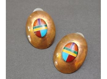 Southwest Zuni Copper & Multistone Inlay Cabochon Oval Pierced Earrings
