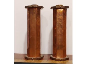 Pair Of Vintage Brutalist Style Hammered Copper Tall Candlesticks