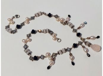 Vintage Sterling Silver, Cultured Baroque Pearls, Black Onyx & Rose Quartz Festoon Necklace
