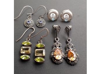 4 Pairs Of Vintage Sterling Silver & Brilliant Faceted Gems Earrings