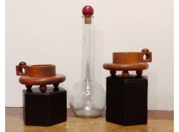 Mid Century Pair Of Wooden Candleholders & Glass Barber's Bottle