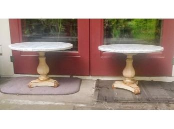 Pair Of Rustic Carrala Marble Top Cast Iron Base Oval Coffee Or Side Table