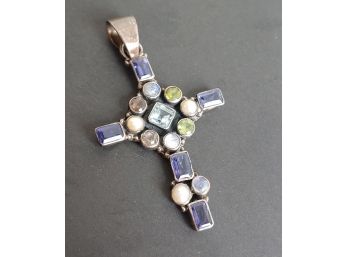 Large Vintage Multi Stone & Cultured Pearls Cross Pendant