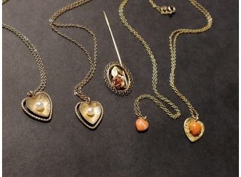 Collection Of 5 Vintage Krementz Gold Filled Necklaces & Stick Pin With Cultured Pearls & Pink Coral