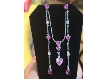Vintage Sterling Silver Brilliant Pink Semi Precious Stone Pendant Necklace & Earrings Set