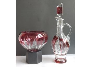 Vintage Fine Cranberry Cut To Clear Crystal Ewer Decanter & Centerpiece Bowl