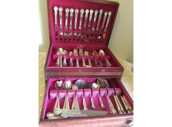 Large Silver Plate Set Of Flatware In Burgundy Lined Box